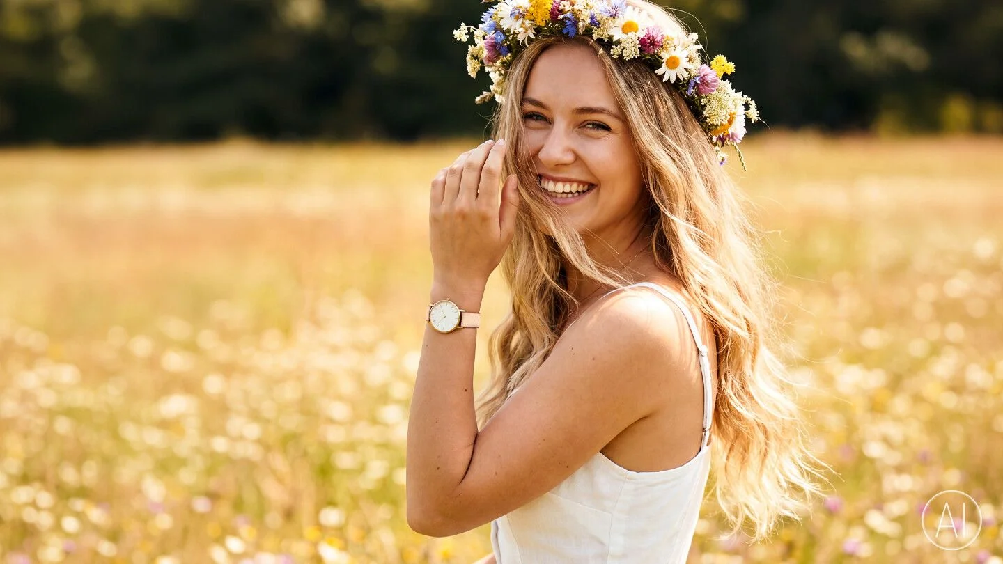 Lächelnde Frau mit Blumenkranz und HIRSCH Uhrenarmband ARNE auf einer sommerlichen Blumenwiese